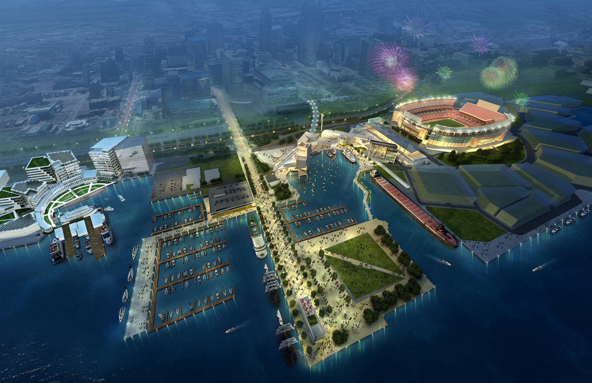An aerial view of a large body of water with a stadium in the background