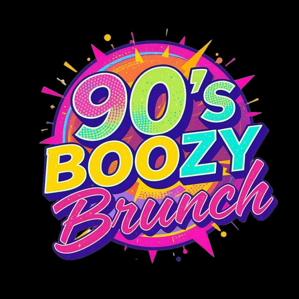 Multi-colored logo for fundraiser event called the 90's boozy brunch.