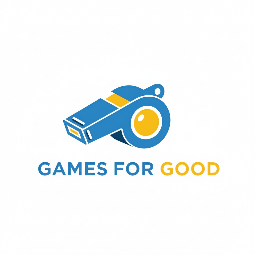 A Blue and yellow whistle on a white background with the phrase games for good below.