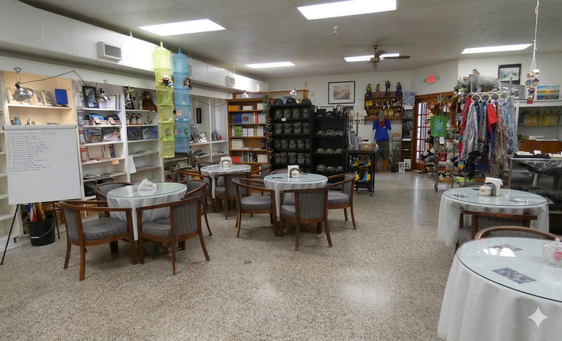 A bright indoor gift shop with round tables and chairs, shelves stocked with books, clothing, and various merchandise.