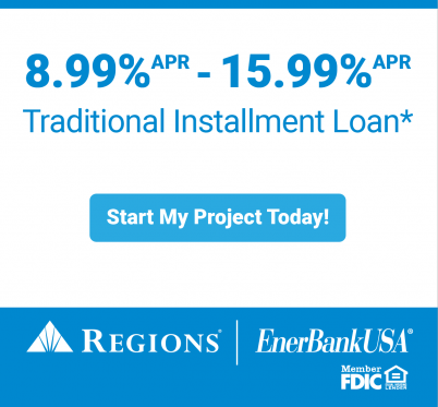 Advertisement for a traditional installment loan with APR from 8.99% to 15.99%. Features Regions and EnerBankUSA logos, blue background.
