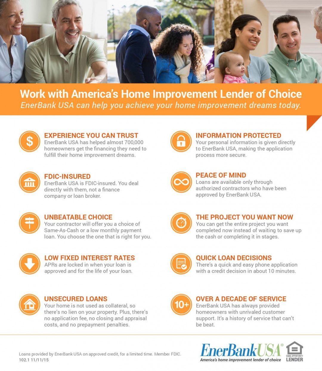 An advertisement for EnerBank USA, a home improvement lender, features photos of diverse families and bullet points highlighting their services.