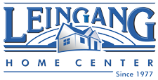 Logo for Leingang Home Center with text and a house illustration. Blue and white. Since 1977.
