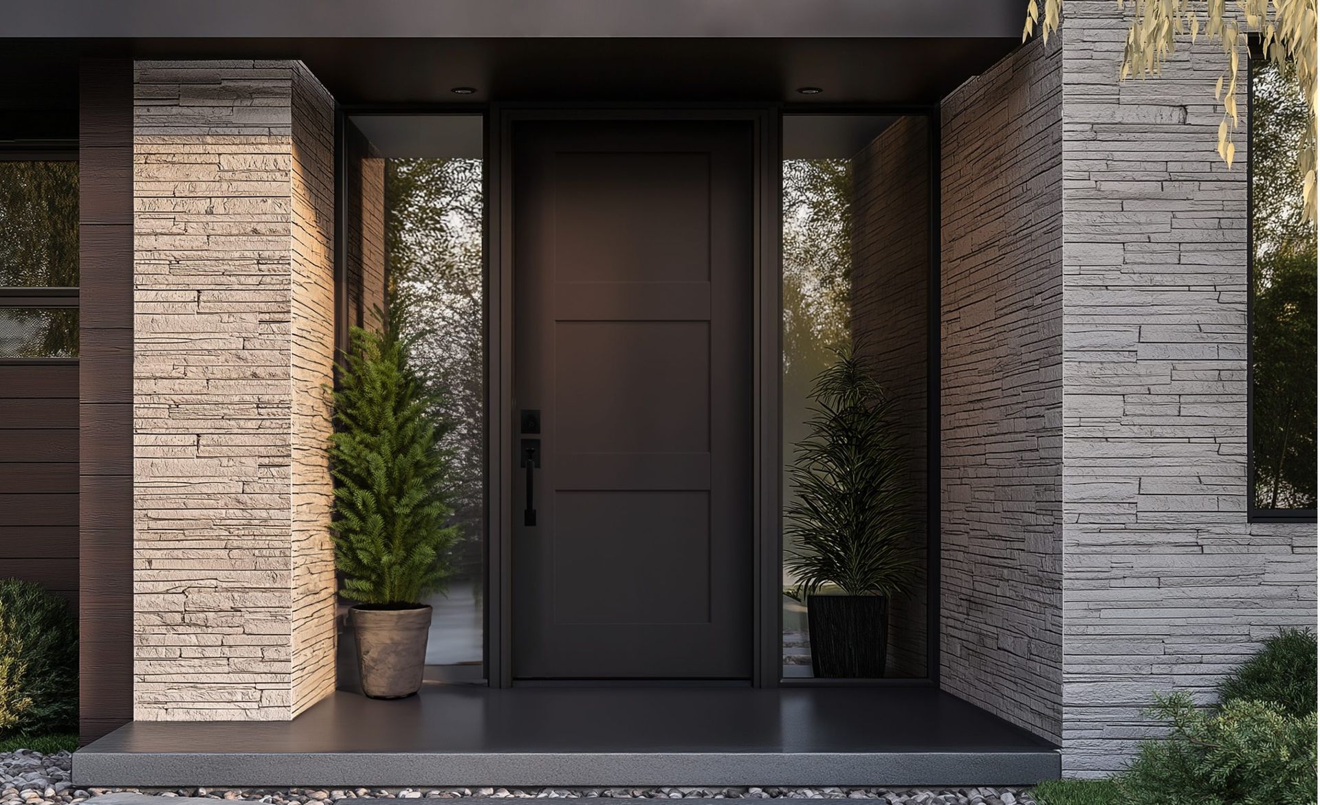 Dark gray front door with sidelights, flanked by stone columns, with small potted trees.