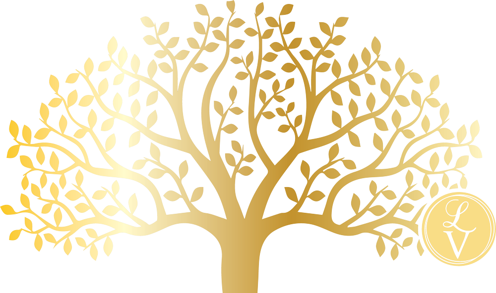 A gold tree with leaves and branches on a white background.