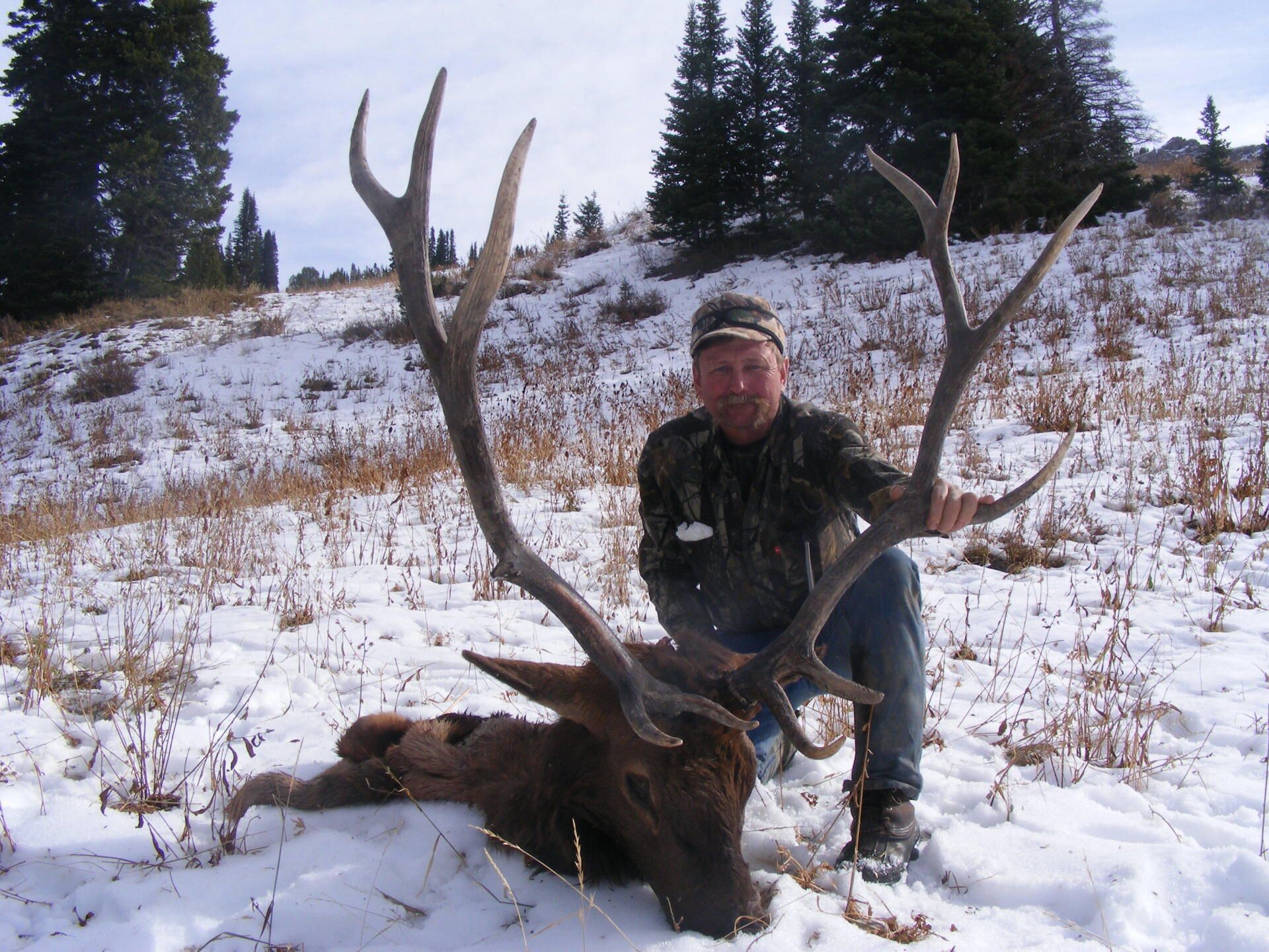 Man kneeling next to a large elk with impressive antlers in a snowy, grassy field.
