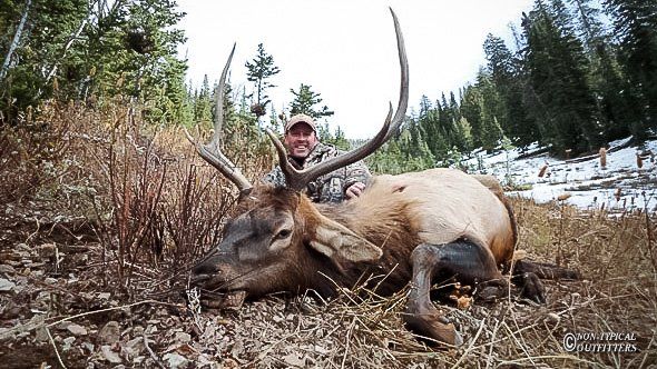 Hunter smiles next to a large elk with antlers, lying in tall grass, against a snowy, forested background.
