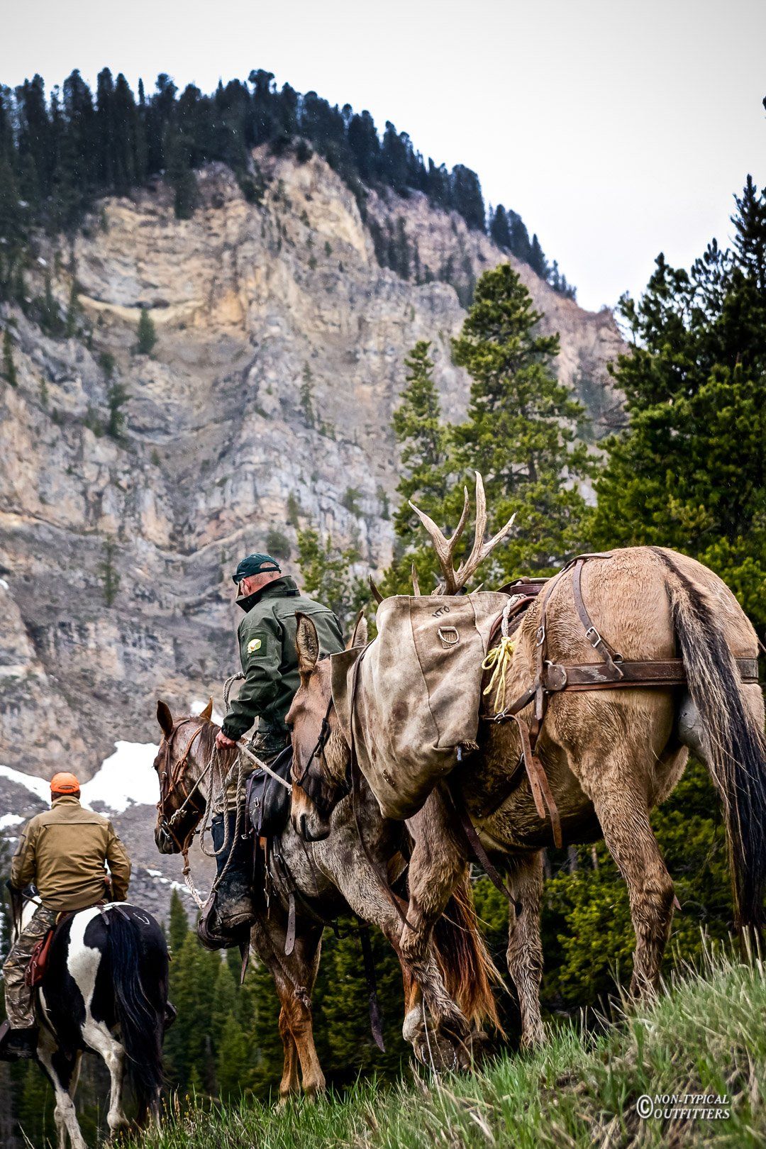Two riders on horseback in a mountain landscape. One rider wears camouflage. The horses are burdened with gear.