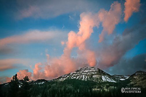 Mountain peak under pink and blue clouds, shadowed forest below.