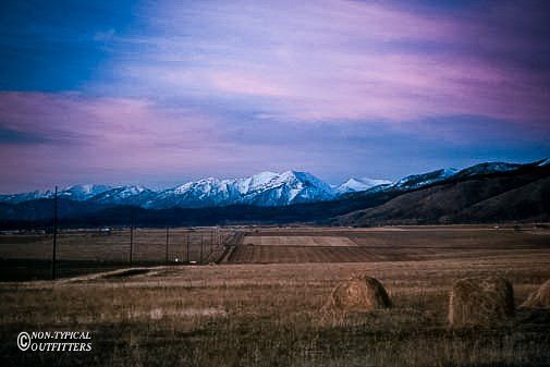 Field with hay bales, mountains, and a sunset sky of purple and blue.