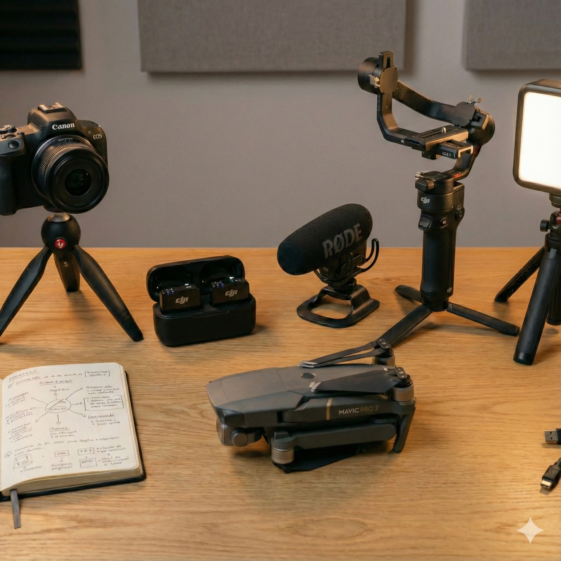 Varios equipos de grabación de vídeo sobre una superficie de madera: cámara, cardán, micrófono, dron, luz, portátil.