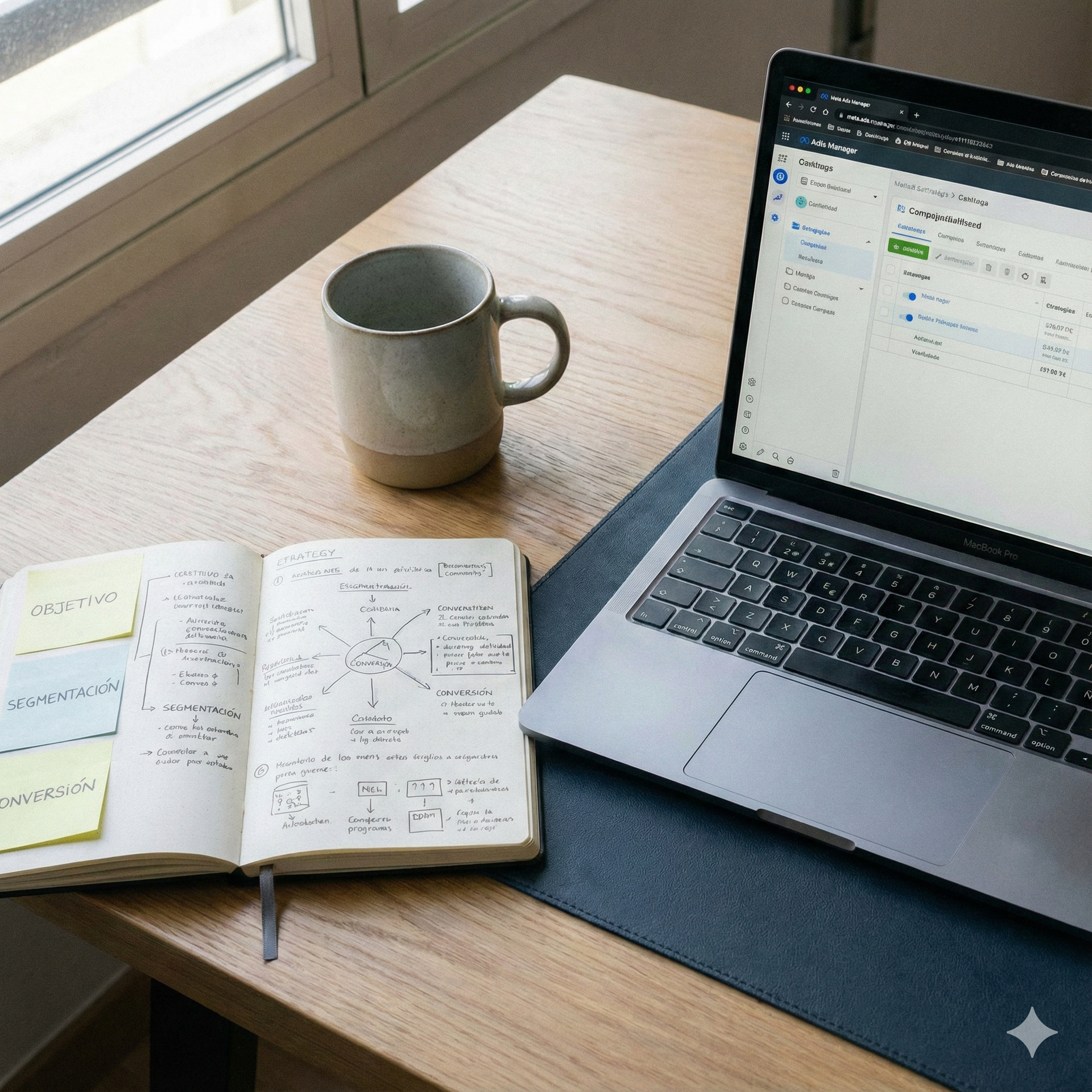 Computadora portátil, cuaderno abierto con notas adhesivas, taza sobre un escritorio de madera cerca de una ventana.