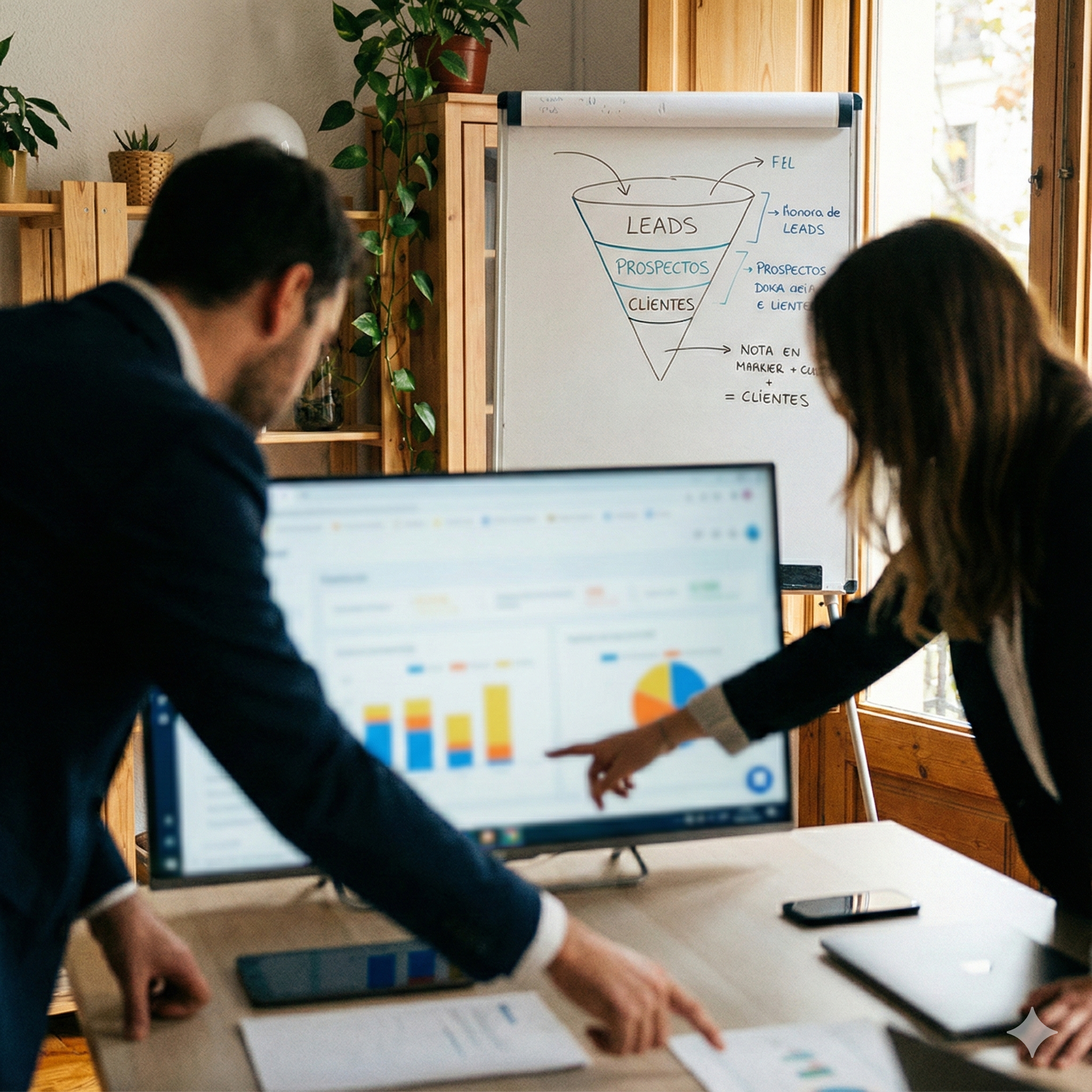 Dos personas revisando datos en una pantalla de computadora, señalando gráficos, cerca de un diagrama de embudo de ventas.