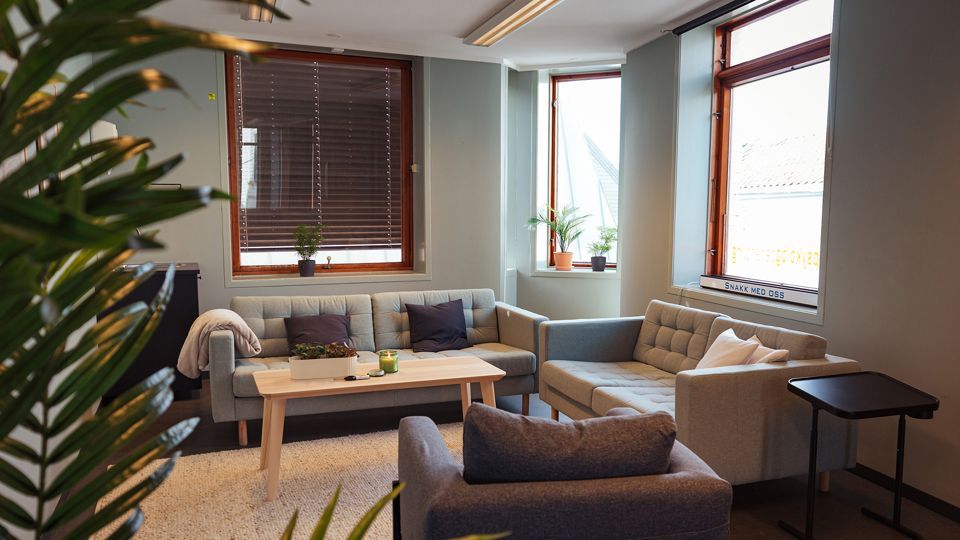 Lounge area with two gray sofas, two armchairs, and a coffee table, plants, and windows.