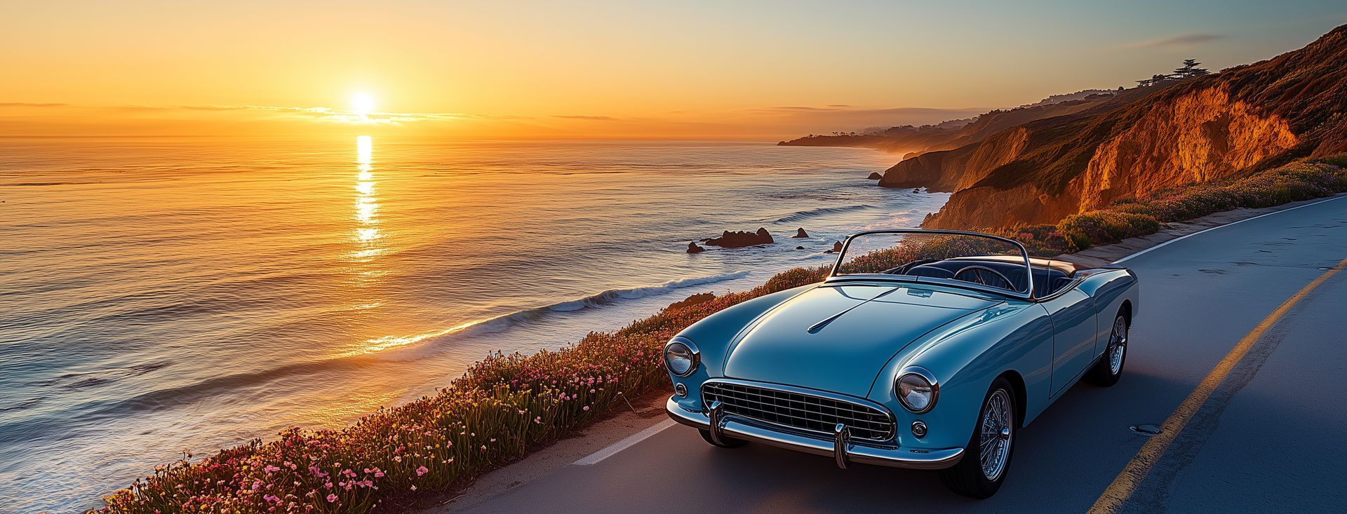 Blue convertible on California coastal road at sunset.