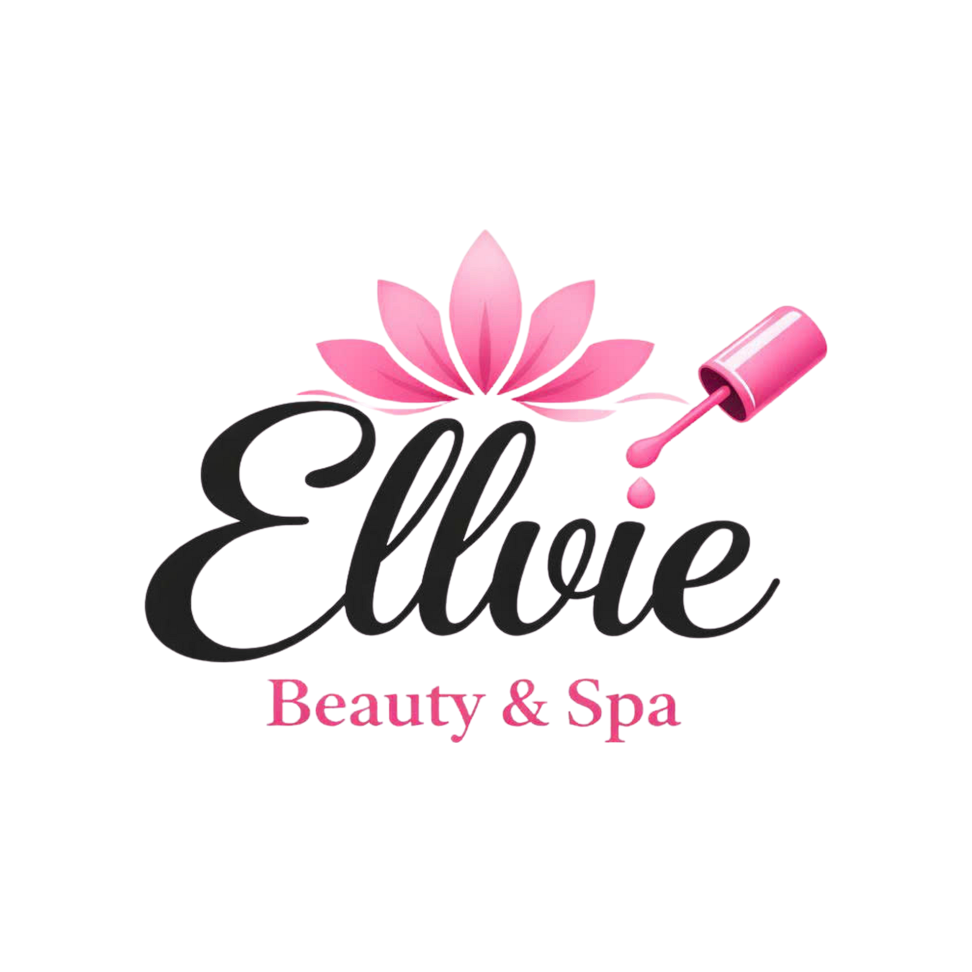 "Ellorie Beauty & Spa logo with gold cursive text on a pink marble background."