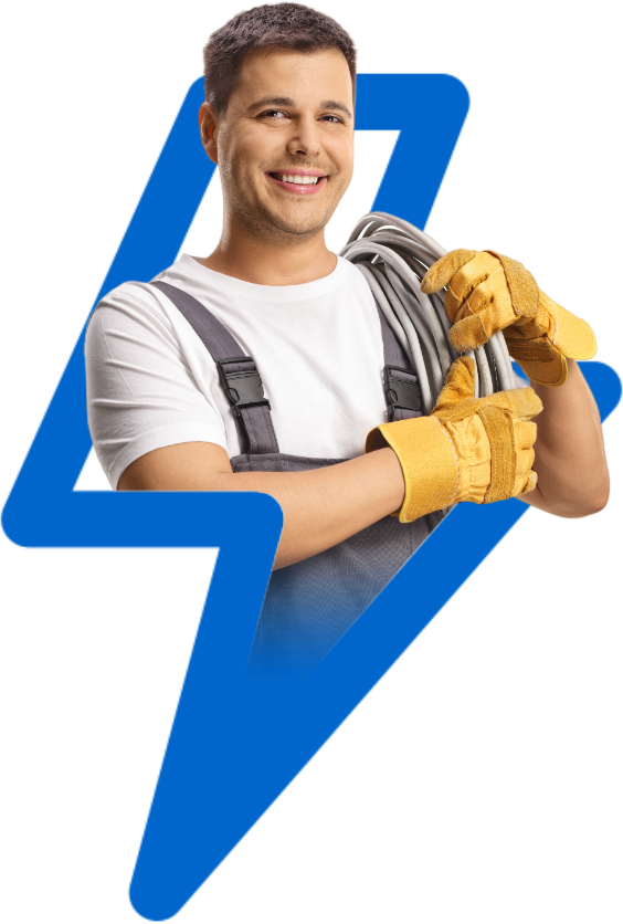 a man in overalls is holding a bunch of wires in front of a lightning bolt .