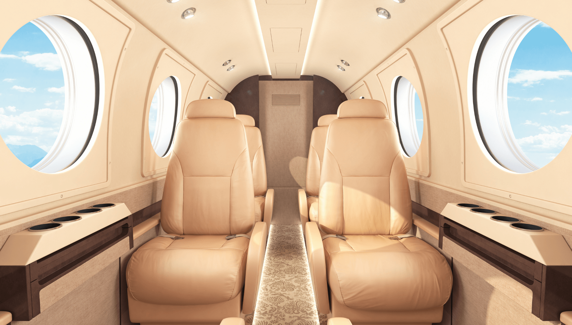 L'intérieur d'un jet privé avec beaucoup de sièges et de fenêtres.