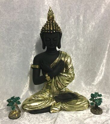 A Seated Buddha Statue in Gold and Black Attire — Crystal Cauldron In South Mackay, QLD