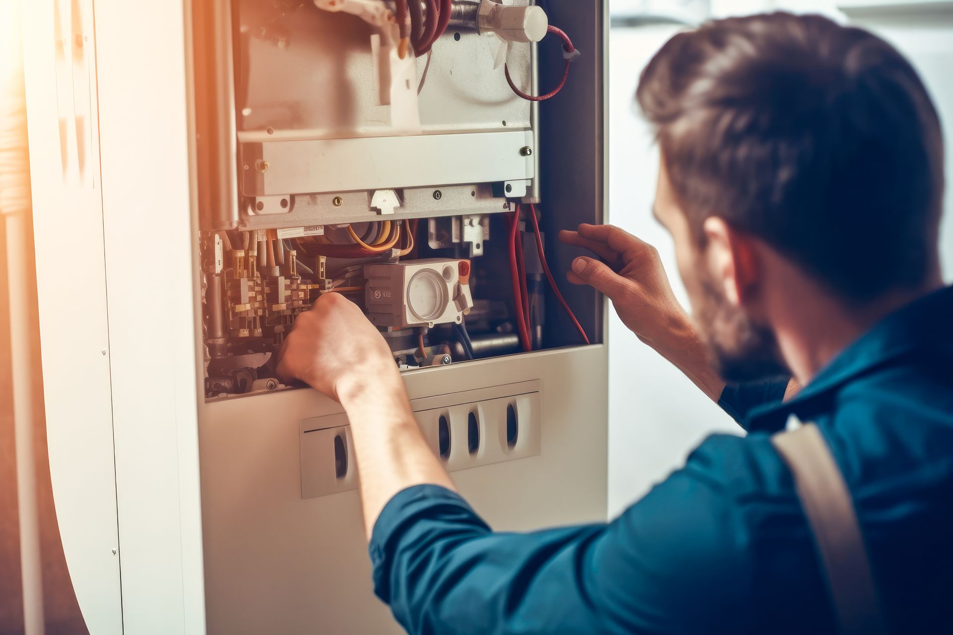 Technician repairing a residential furnace with open access panel. Technician repairing a residential furnace with open access panel.