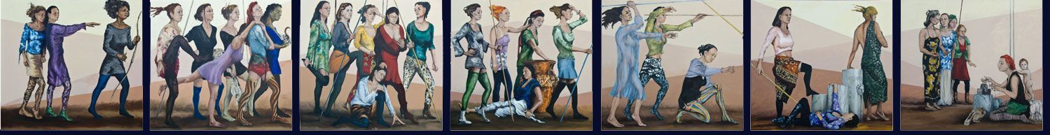 Een serie van acht panelen waarop uiteenlopende groepen mensen te zien zijn die poseren tegen een woestijnlandschap.