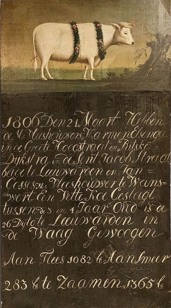 Een olieverfschilderij van een witte os, versierd met slingers, met daaronder een  Nederlandse inscriptie met de afmetingen.