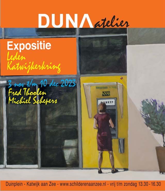 Tentoonstellingsflyer voor Duna Atelier met een schilderij van een persoon die een geldautomaat gebruikt.