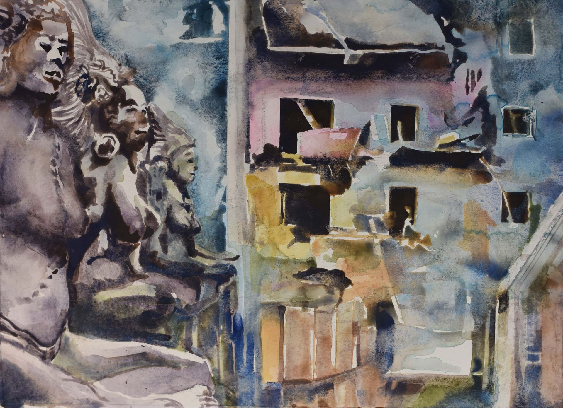 Aquarel met aan de linkerkant beelden en aan de rechterkant een gefragmenteerde, veelkleurige gebouwstructuur.