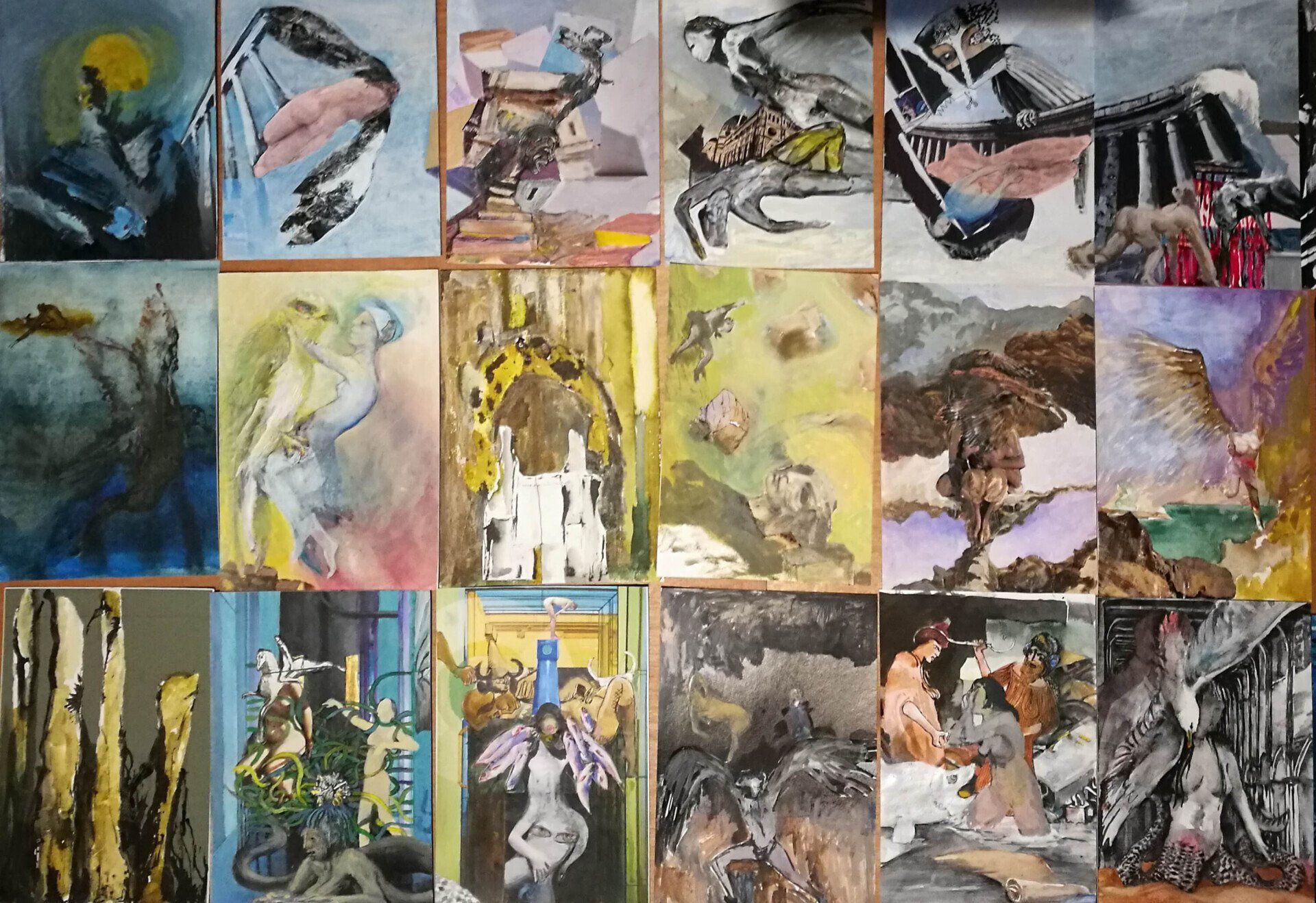 Een collage van 18 uiteenlopende, abstracte en figuratieve aquarellen met gevarieerde kleurenpaletten en artistieke thema's.