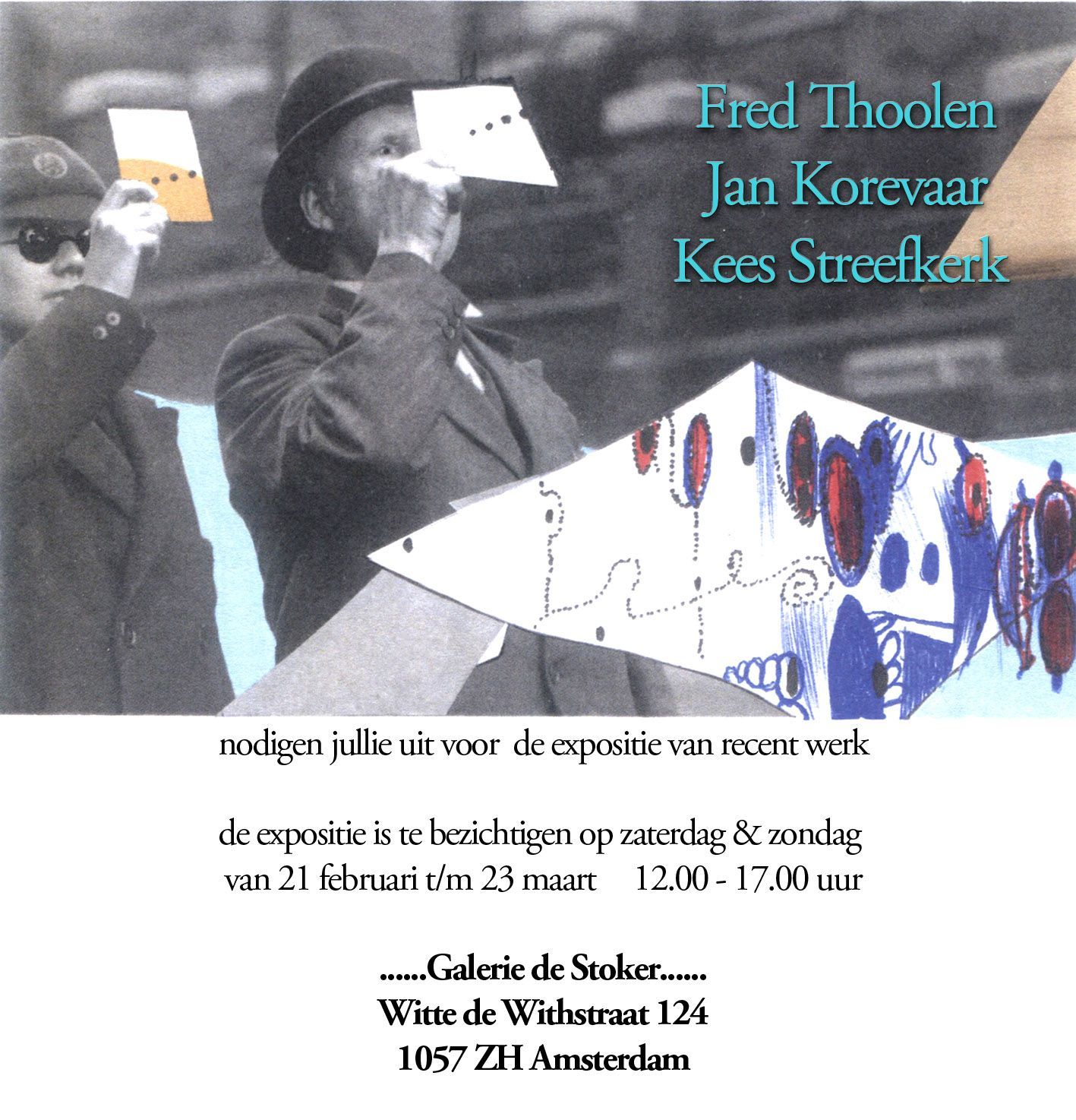 Exhibition flyer for Fred Thoolen, Jan Korevaat, and Kees Streefkerk at Galerie de Stolp, Amsterdam, Feb 21–Mar 24.