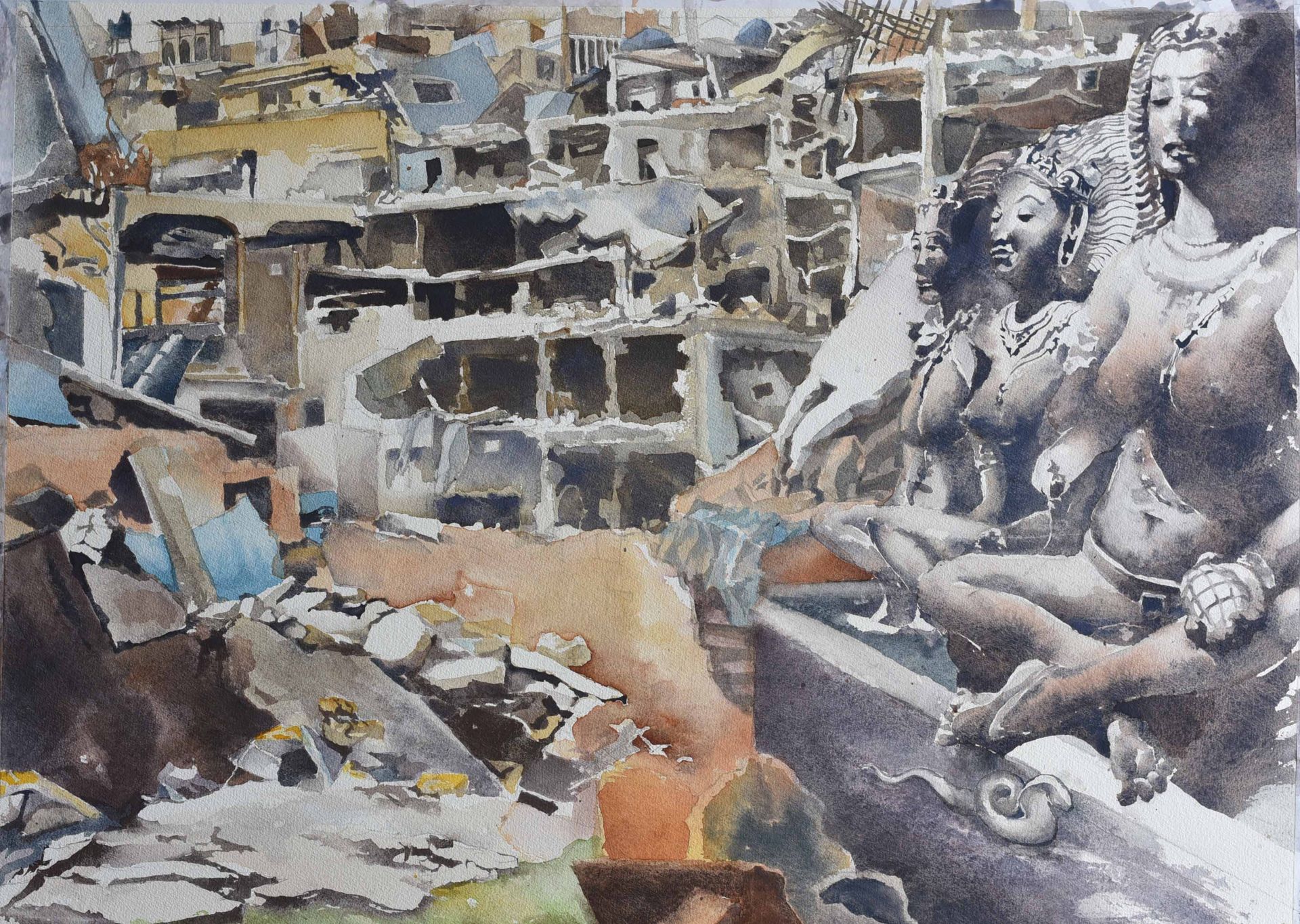 Aquarel schilderij van gebeeldhouwde mensfiguren die uitkijken over een verwoest, met puin gevuld stadsgebouw, uitgevoerd in gedempte aardetinten.