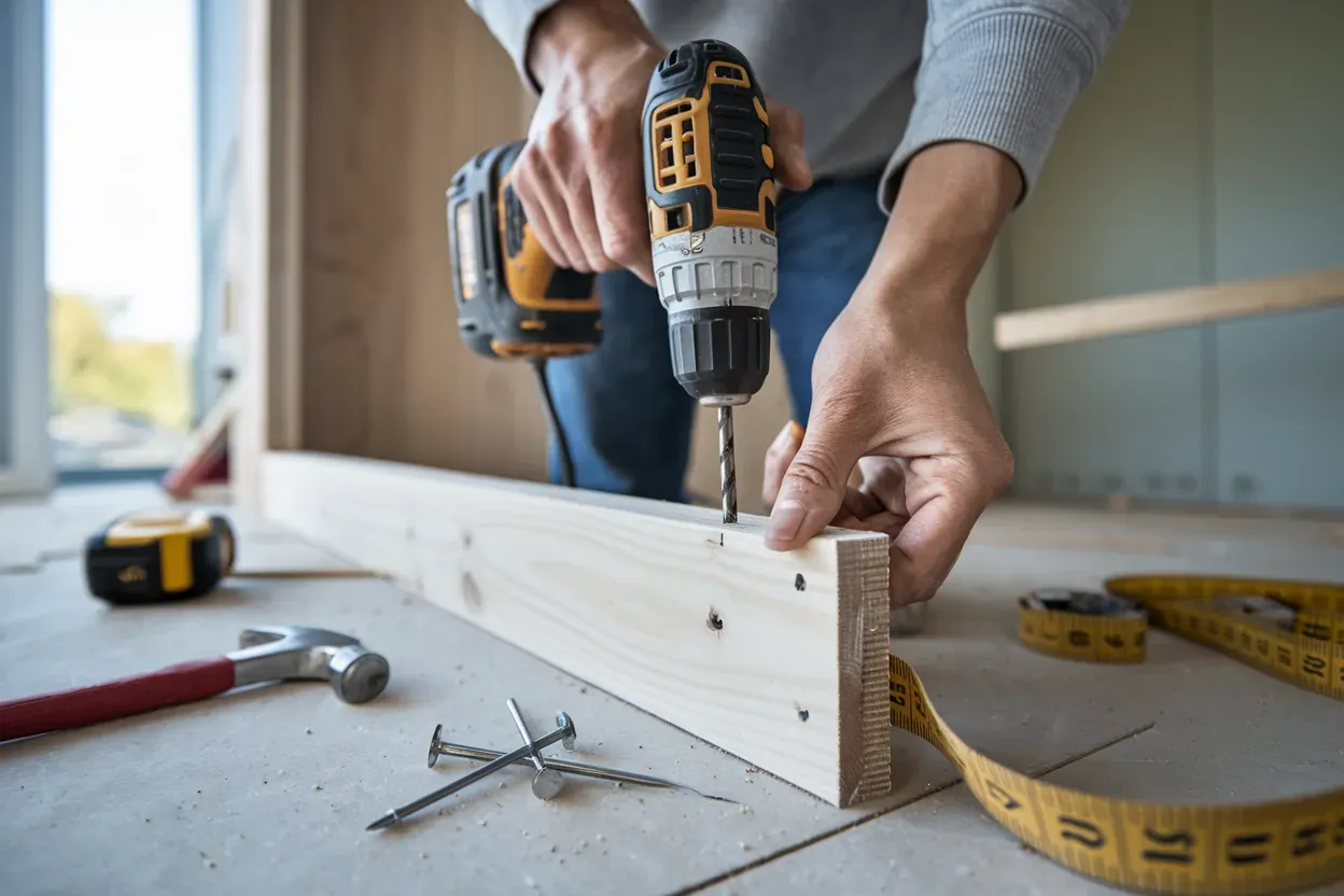A person is using a drill to drill a hole in a piece of wood.