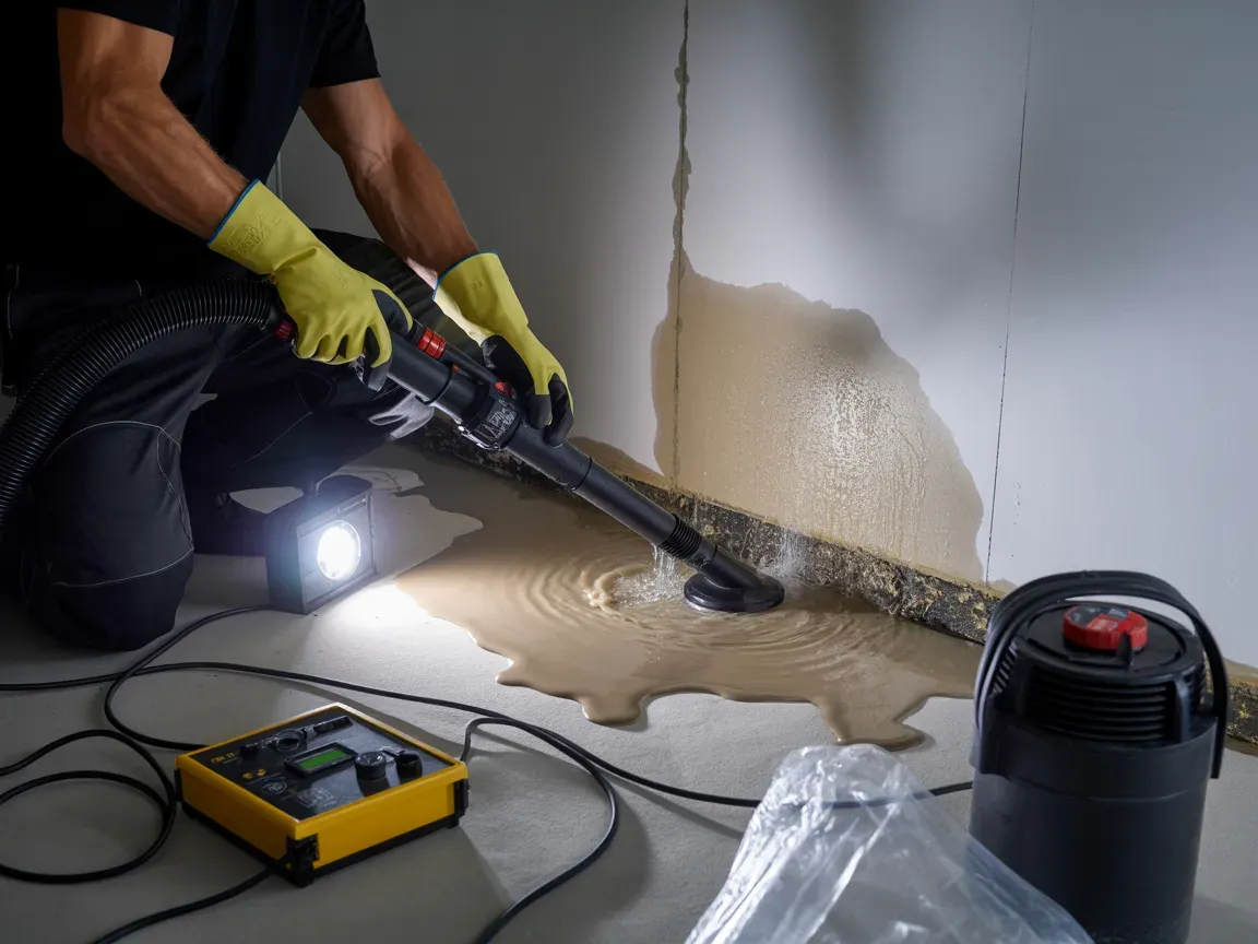 Person applying a liquid substance to a wall with a tool, lit by a work light, in an indoor setting.