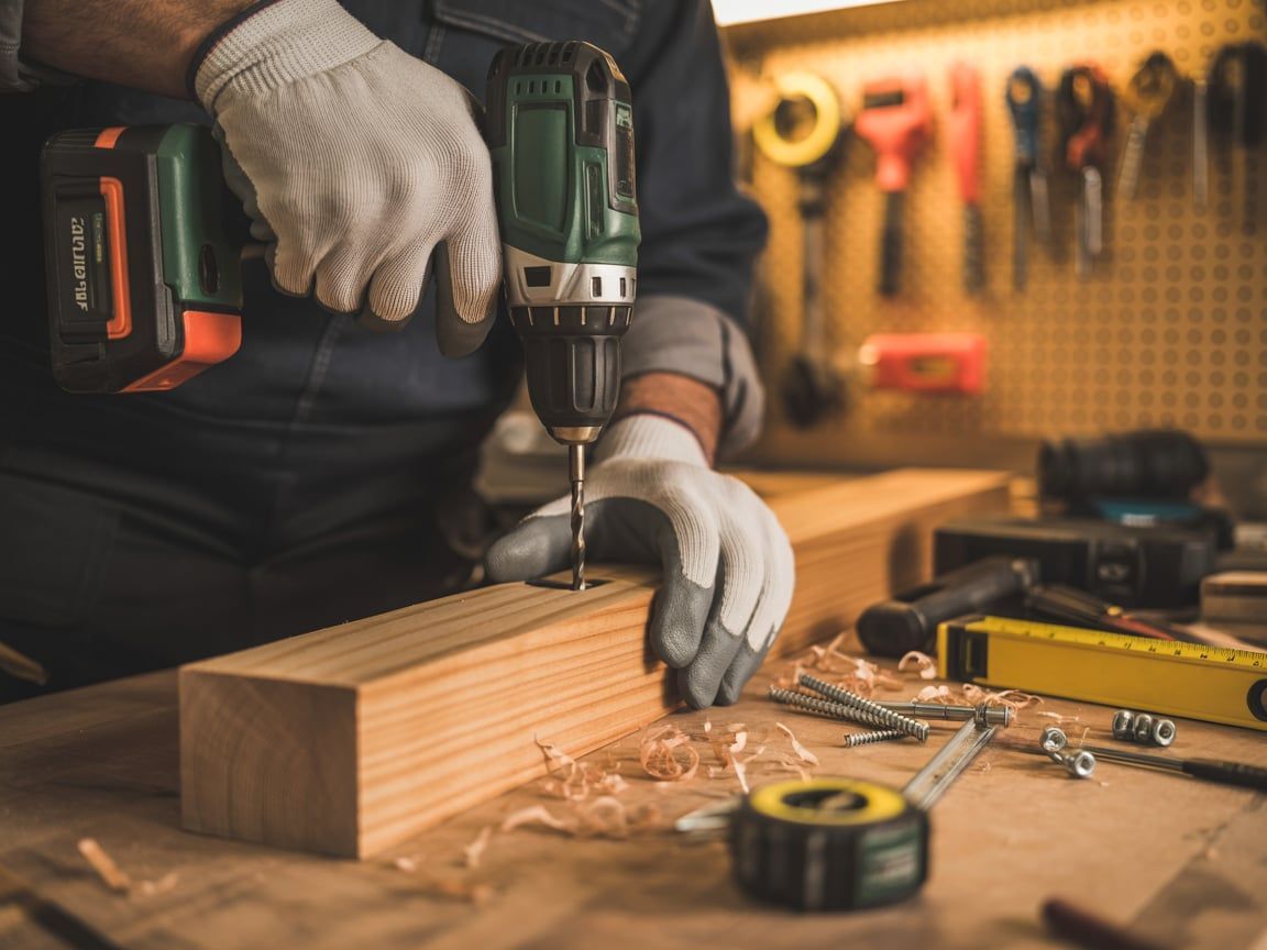 Person in gloves drilling into wood plank in a workshop. Tools and materials surround.