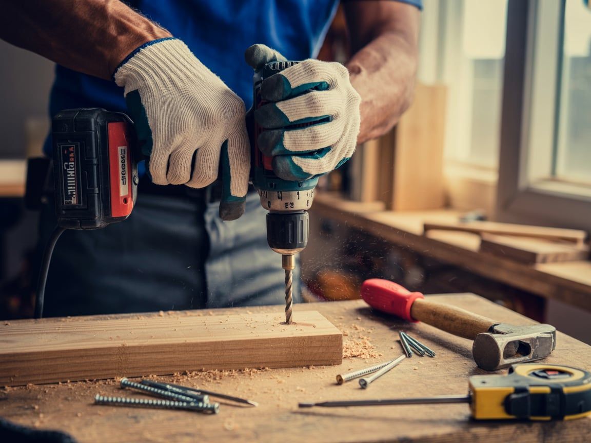 Person wearing gloves using a drill on a wooden plank, tools scattered on a work table.