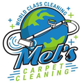 Mel&rsquo;s Carpet Cleaning logo with globe, carpet cleaner wand, and blue-green text