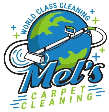Mel&rsquo;s Carpet Cleaning logo with globe, carpet cleaner wand, and blue-green text