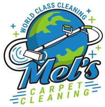 Mel’s Carpet Cleaning logo with a globe, vacuum wand, and blue-green text for world-class cleaning