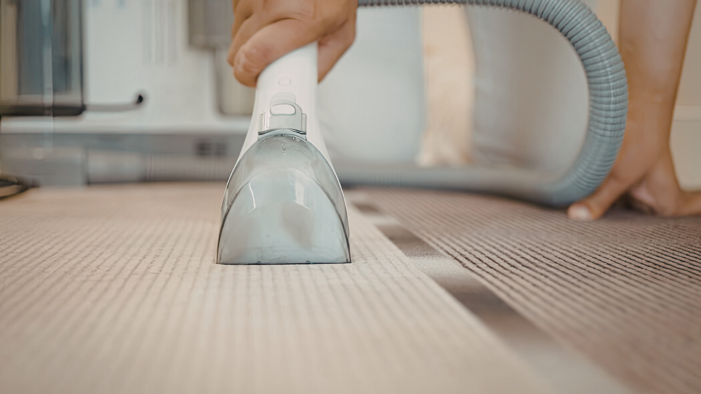 Person cleaning a carpet with a vacuum nozzle on a floor indoors