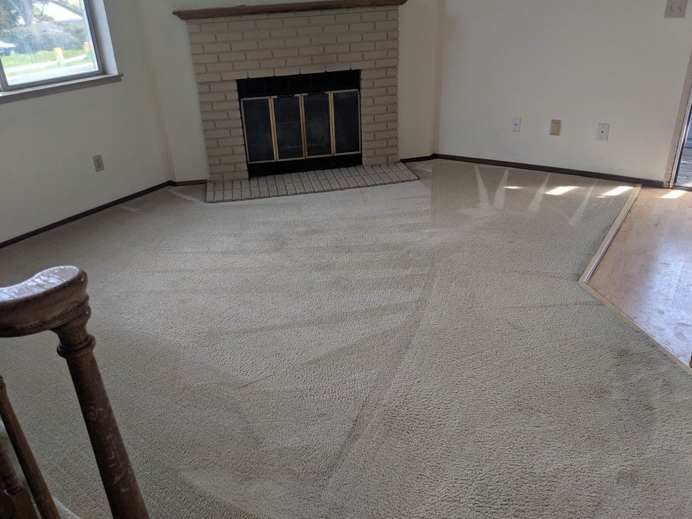 Empty carpeted living room with a brick fireplace and window light
