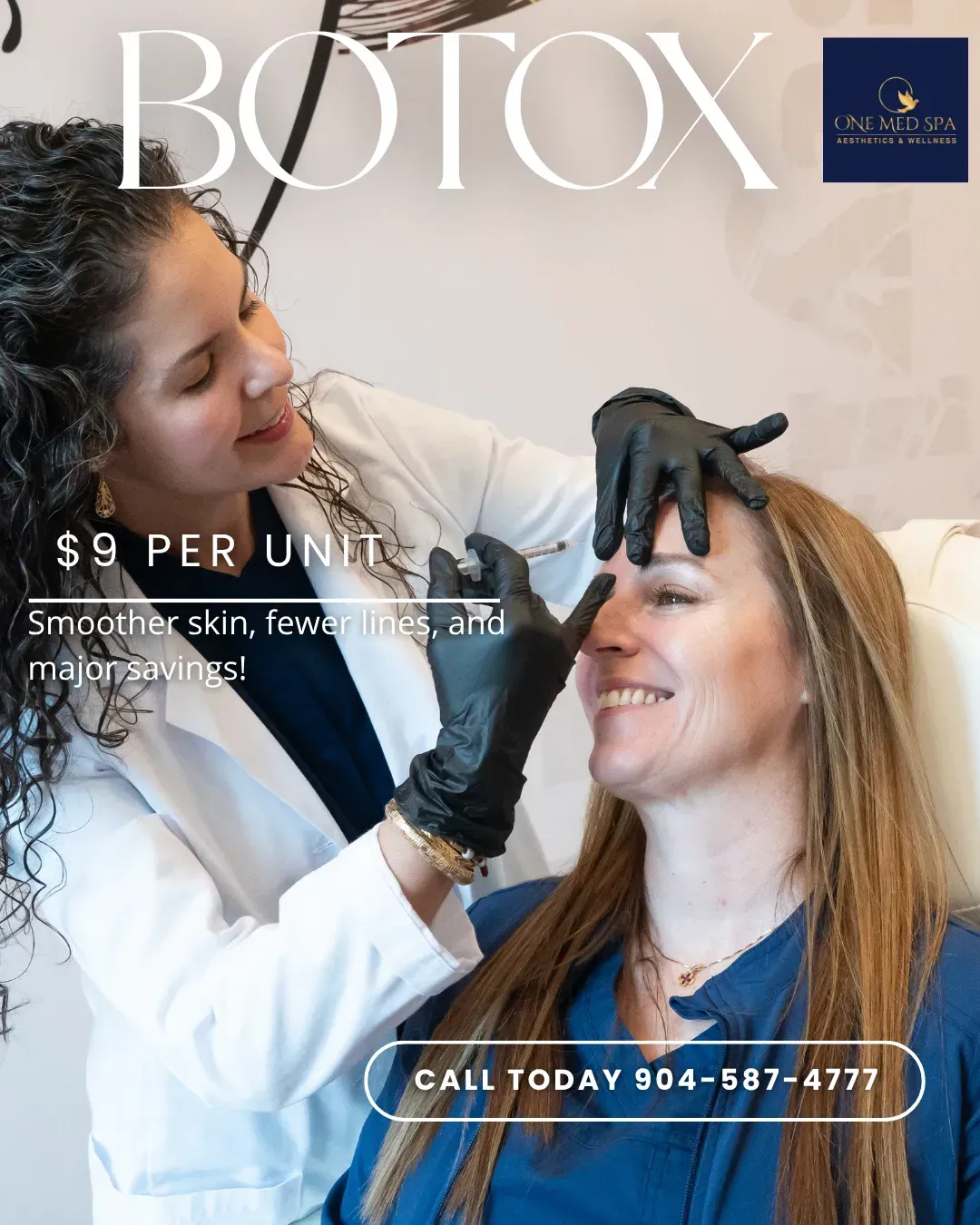Botox promo showing practitioner injecting a smiling patient, with pricing and call-to-book text.