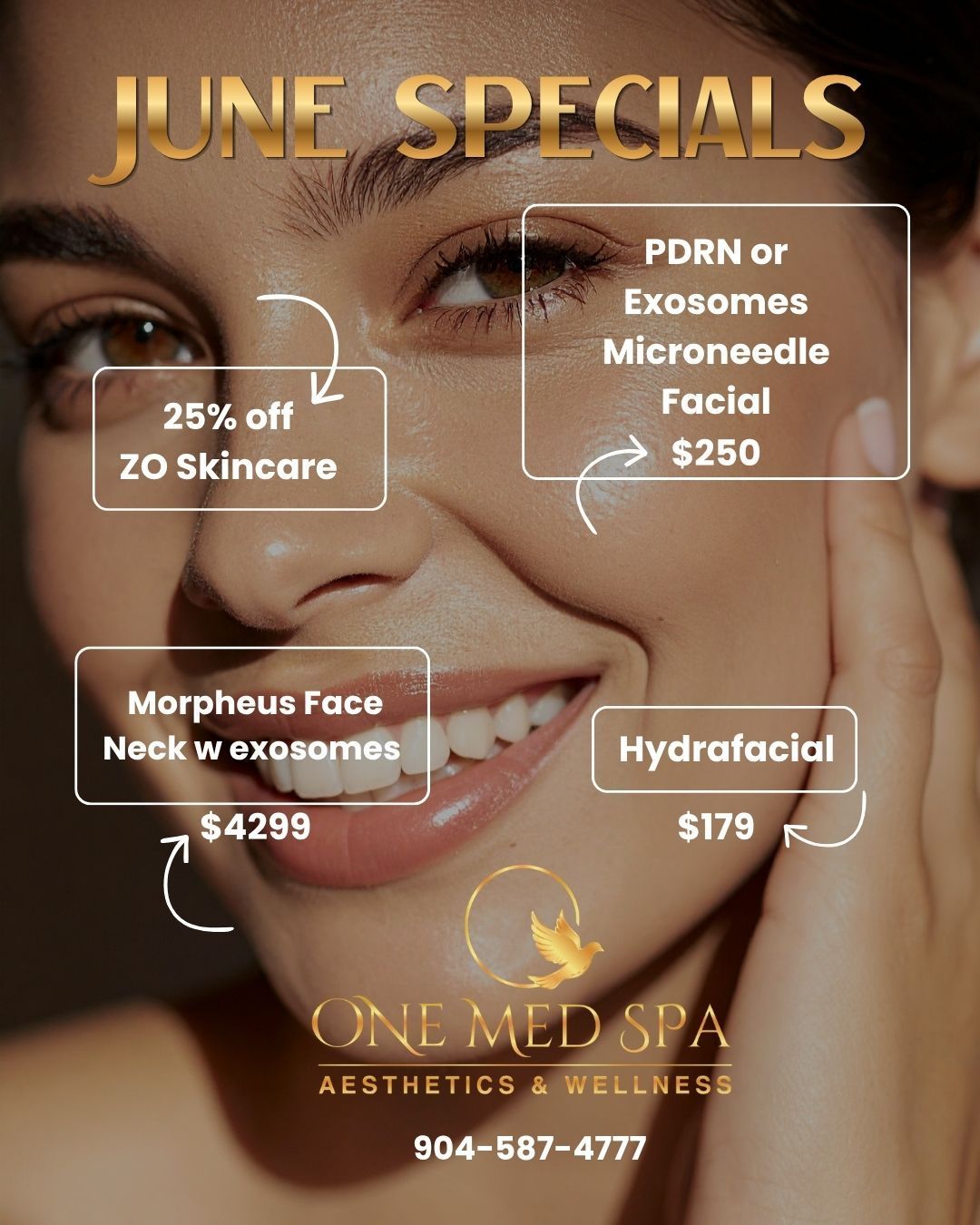 Botox promo showing practitioner injecting a smiling patient, with pricing and call-to-book text.
