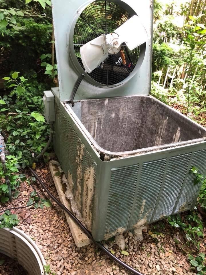 Outdoor air conditioning unit, weathered and open, in a wooded area.