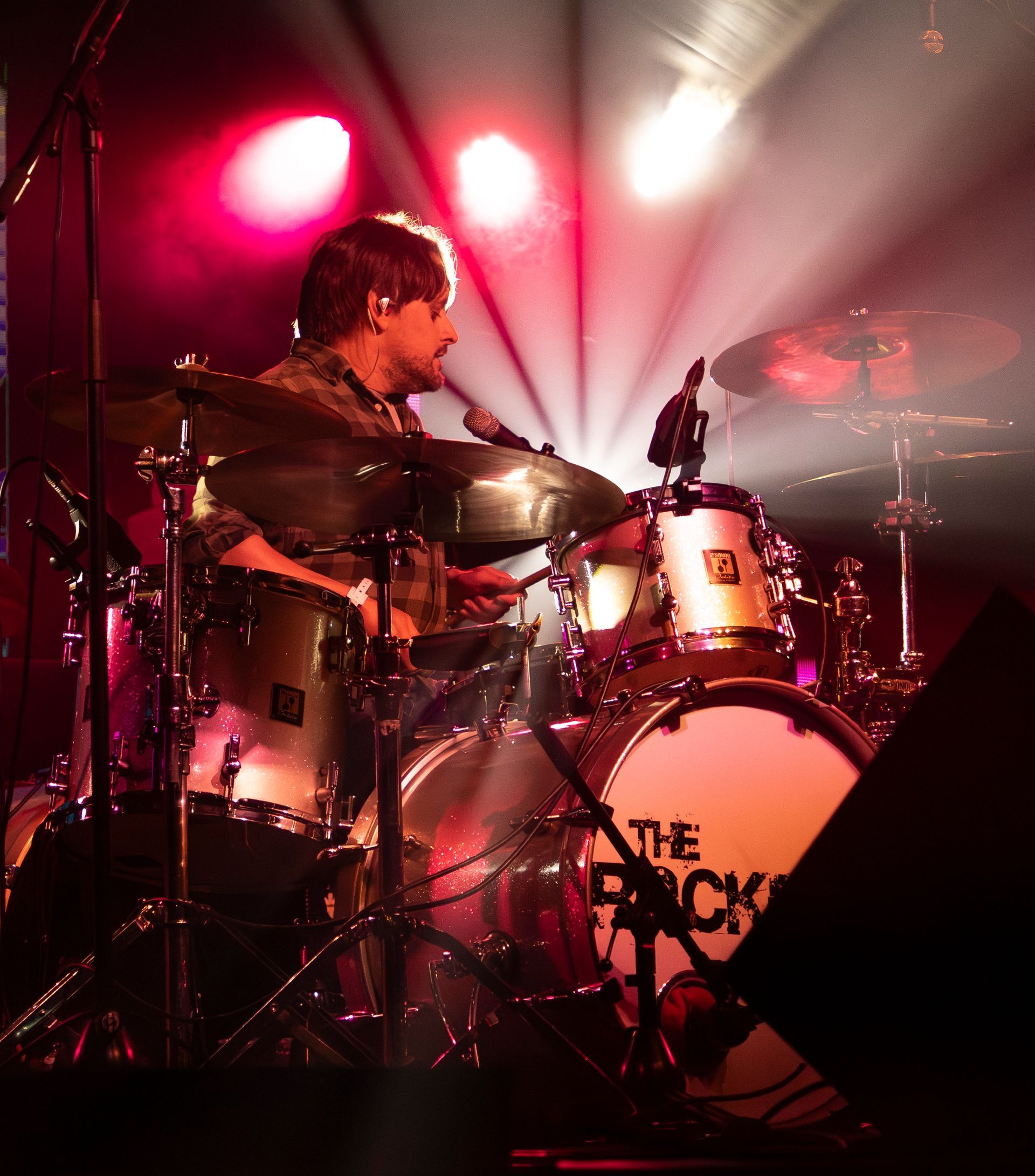 live band set up showing our drummer for the rockpins