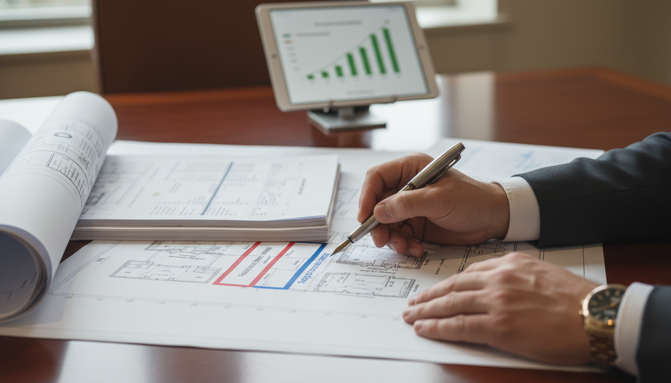 Person in a suit reviews architectural blueprints on a desk with a tablet showing a rising bar graph in the background.