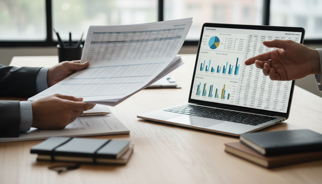 Two people analyzing financial documents and data charts on a laptop screen at a wooden desk in an office.