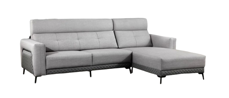 A grey sectional couch with a chaise lounge on a white background.