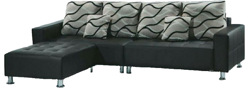A black couch with gray pillows and an ottoman on a white background.
