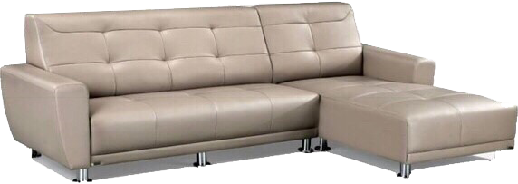 A beige leather sectional couch with a chaise lounge on a white background.