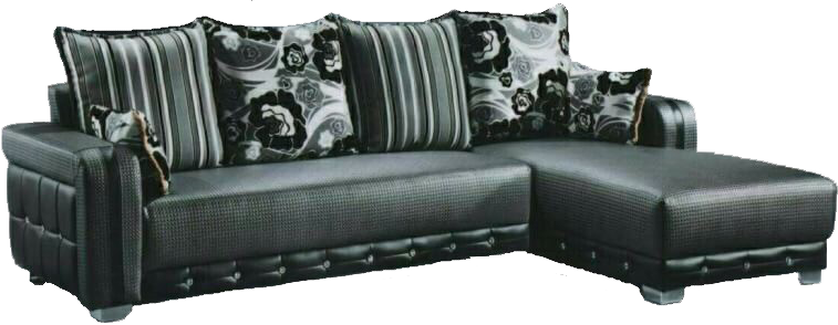 A black sectional couch with striped pillows on it